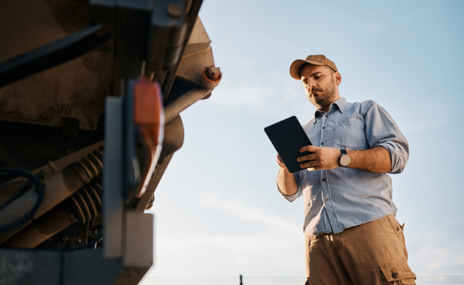 Technician inspecting a vehicle with a tablet for an Excelerate assessment.