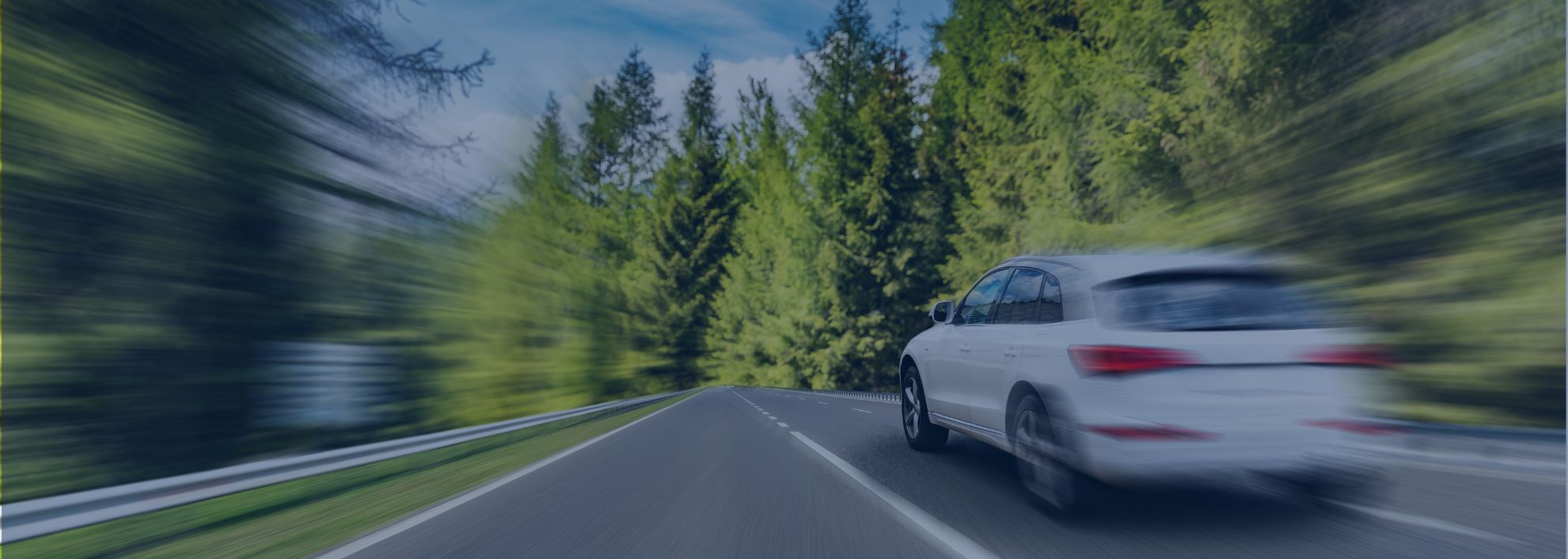 A car driving along a forest-lined road, showcasing efficient and safe driving in natural surroundings.