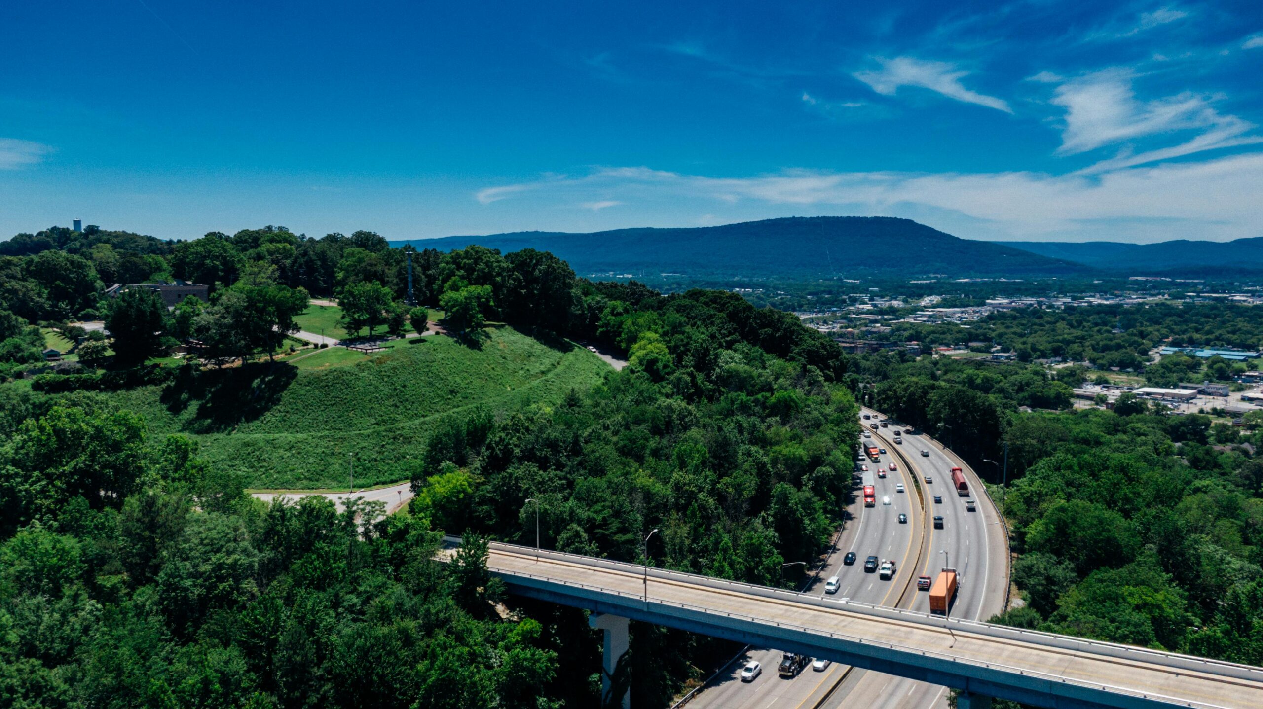 View of freeway with traffic.